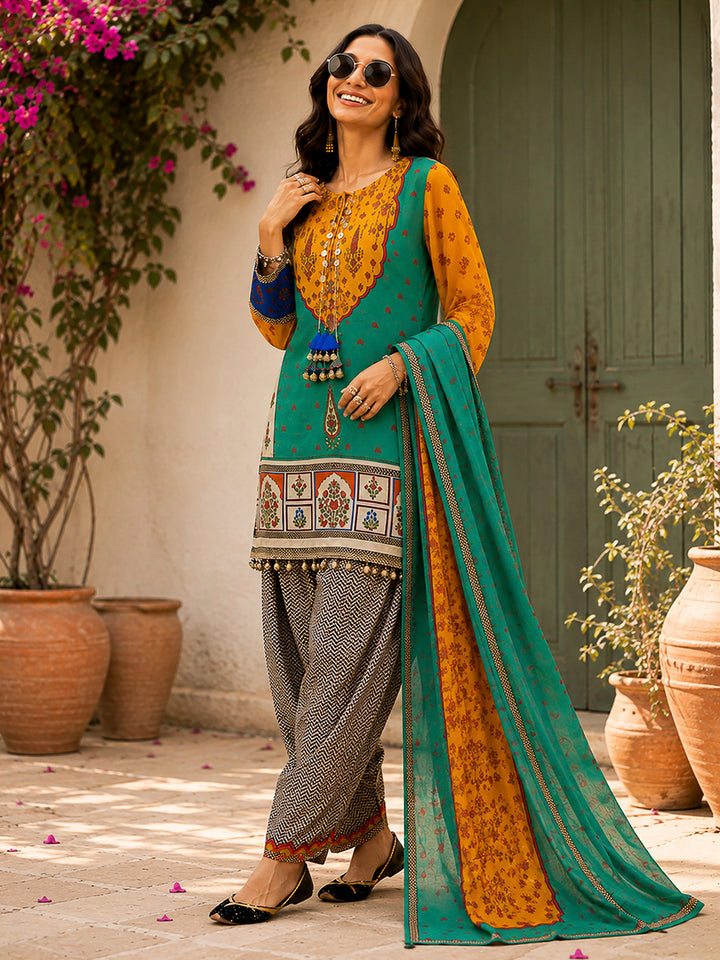 Mustard-Green Embroidered Muslin Kurta With Pant &amp; Dupatta