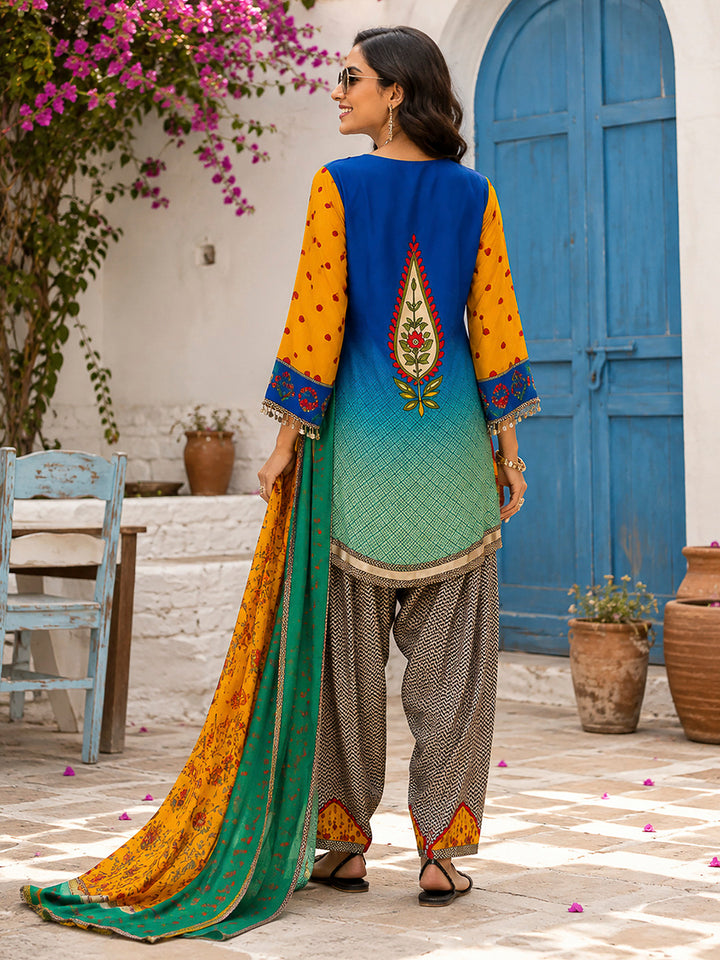 Mustard-Green Embroidered Muslin Kurta With Pant &amp; Dupatta
