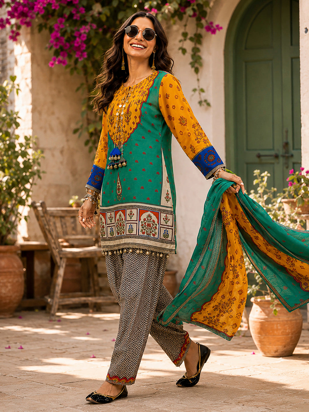 Mustard-Green Embroidered Muslin Kurta With Pant &amp; Dupatta