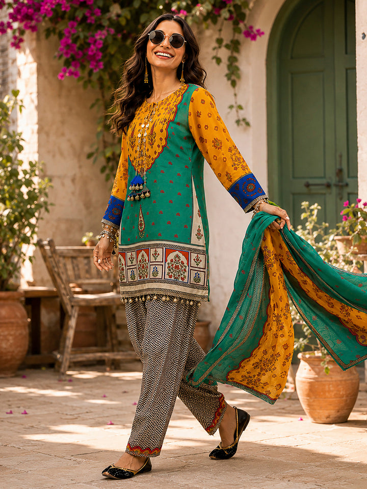 Mustard-Green Embroidered Muslin Kurta With Pant &amp; Dupatta