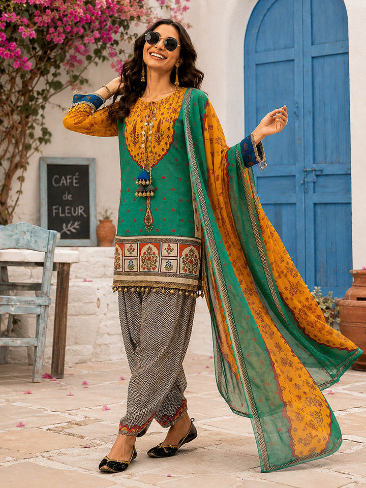 Mustard-Green Embroidered Muslin Kurta With Pant &amp; Dupatta