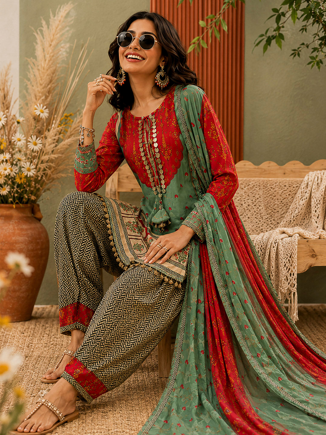 Red-Green Embroidered Muslin Kurta With Pant &amp; Dupatta