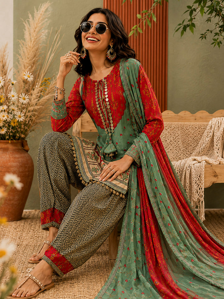 Red-Green Embroidered Muslin Kurta With Pant &amp; Dupatta
