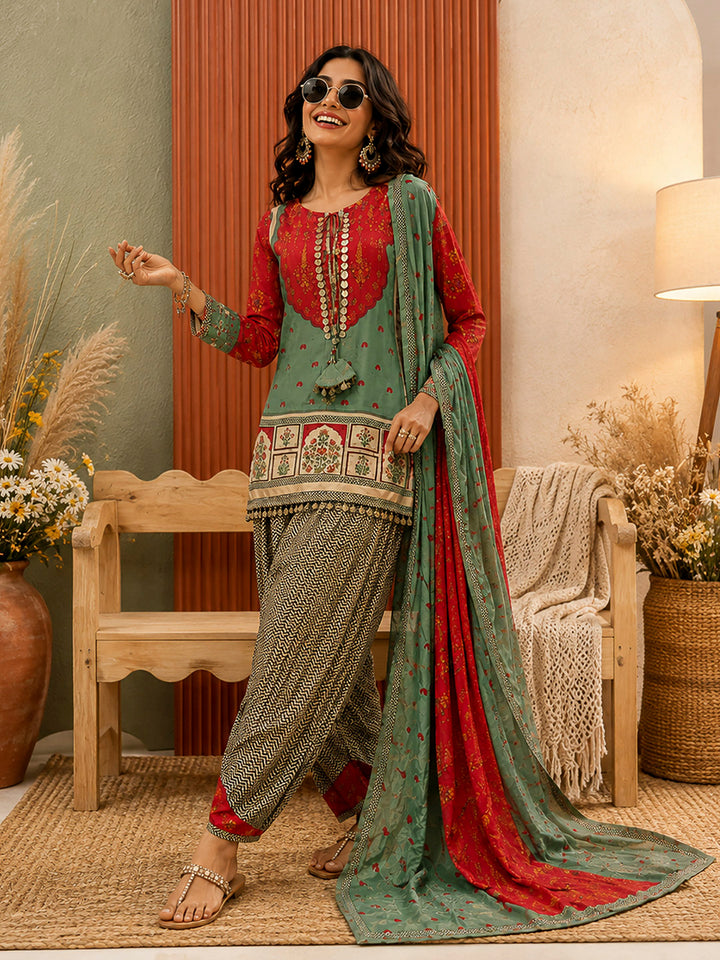 Red-Green Embroidered Muslin Kurta With Pant &amp; Dupatta