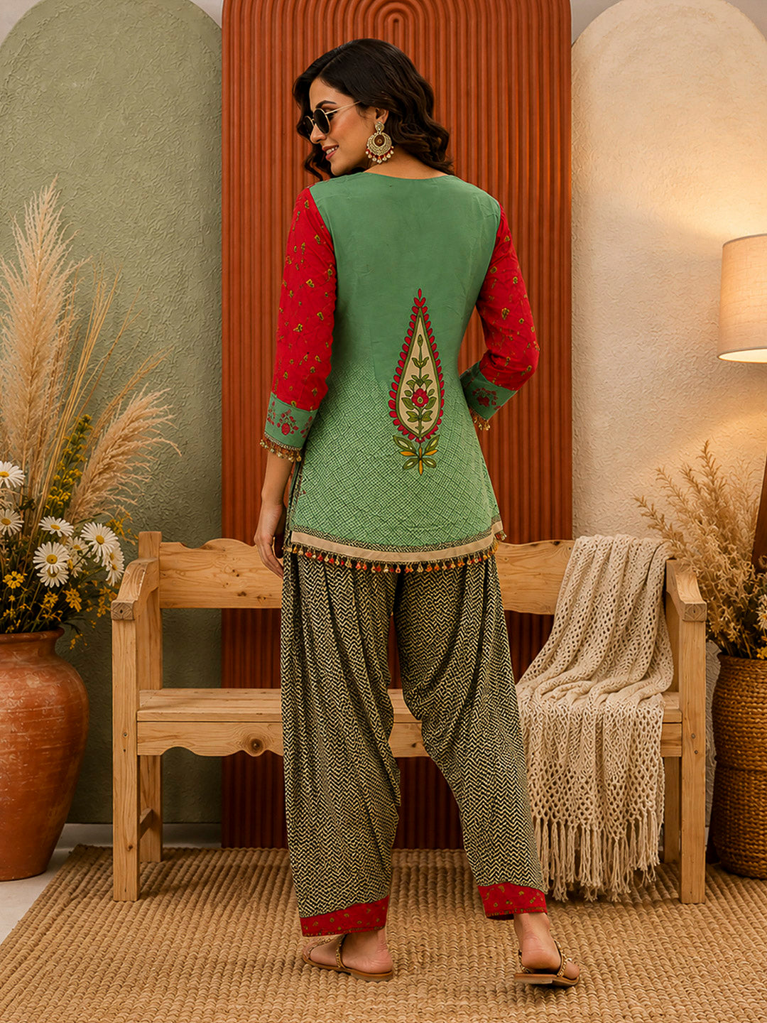Red-Green Embroidered Muslin Kurta With Pant &amp; Dupatta