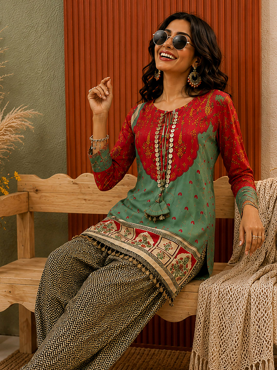 Red-Green Embroidered Muslin Kurta With Pant &amp; Dupatta
