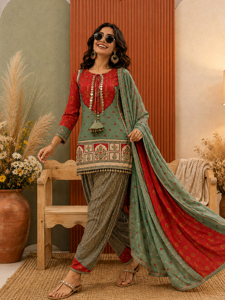 Red-Green Embroidered Muslin Kurta With Pant &amp; Dupatta