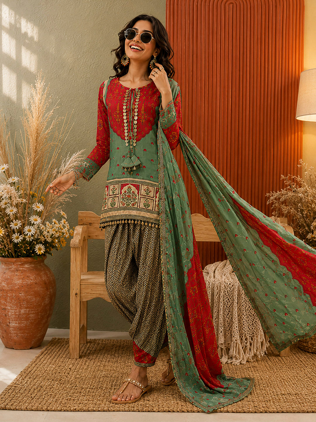Red-Green Embroidered Muslin Kurta With Pant &amp; Dupatta