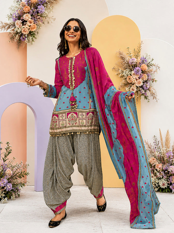 Pink-Blue Embroidered Muslin Kurta With Pant &amp; Dupatta