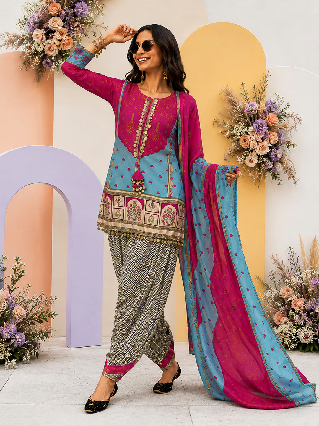 Pink-Blue Embroidered Muslin Kurta With Pant &amp; Dupatta