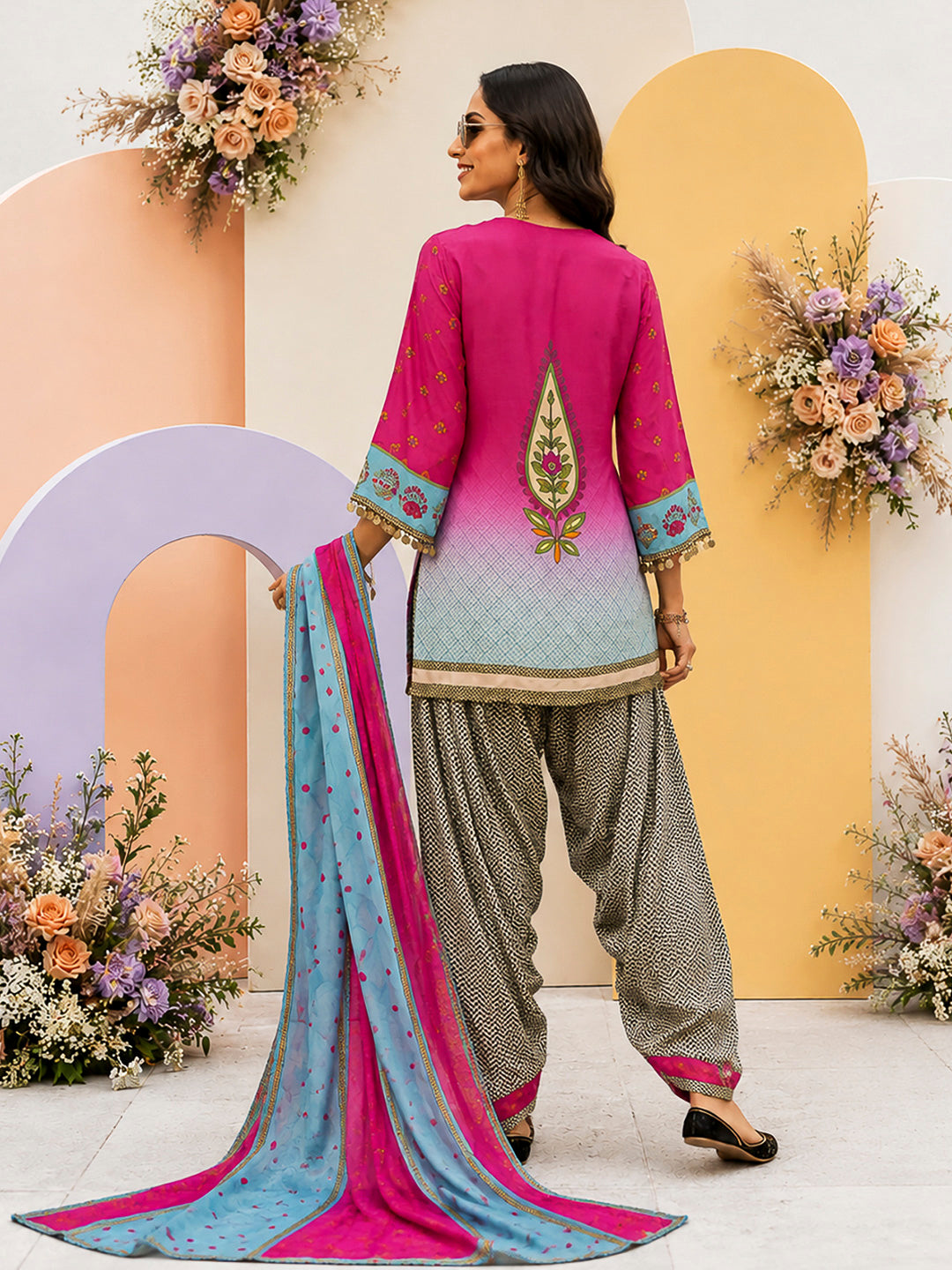 Pink-Blue Embroidered Muslin Kurta With Pant &amp; Dupatta