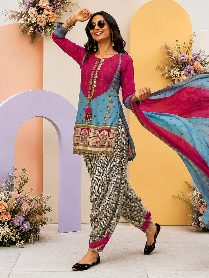 Pink-Blue Embroidered Muslin Kurta With Pant &amp; Dupatta