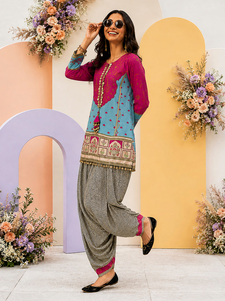Pink-Blue Embroidered Muslin Kurta With Pant &amp; Dupatta