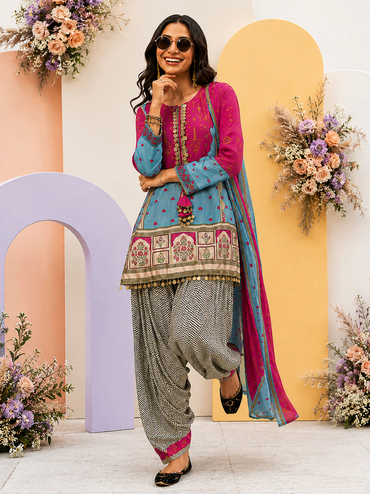Pink-Blue Embroidered Muslin Kurta With Pant &amp; Dupatta