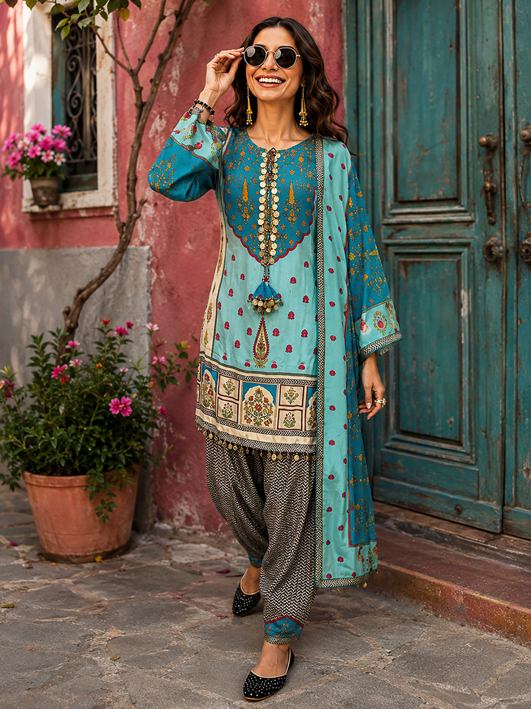 Sea Green Embroidered Muslin Kurta With Pant &amp; Dupatta