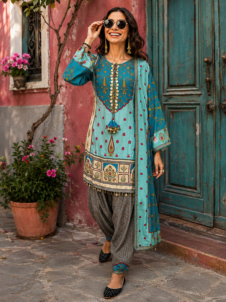 Sea Green Embroidered Muslin Kurta With Pant &amp; Dupatta