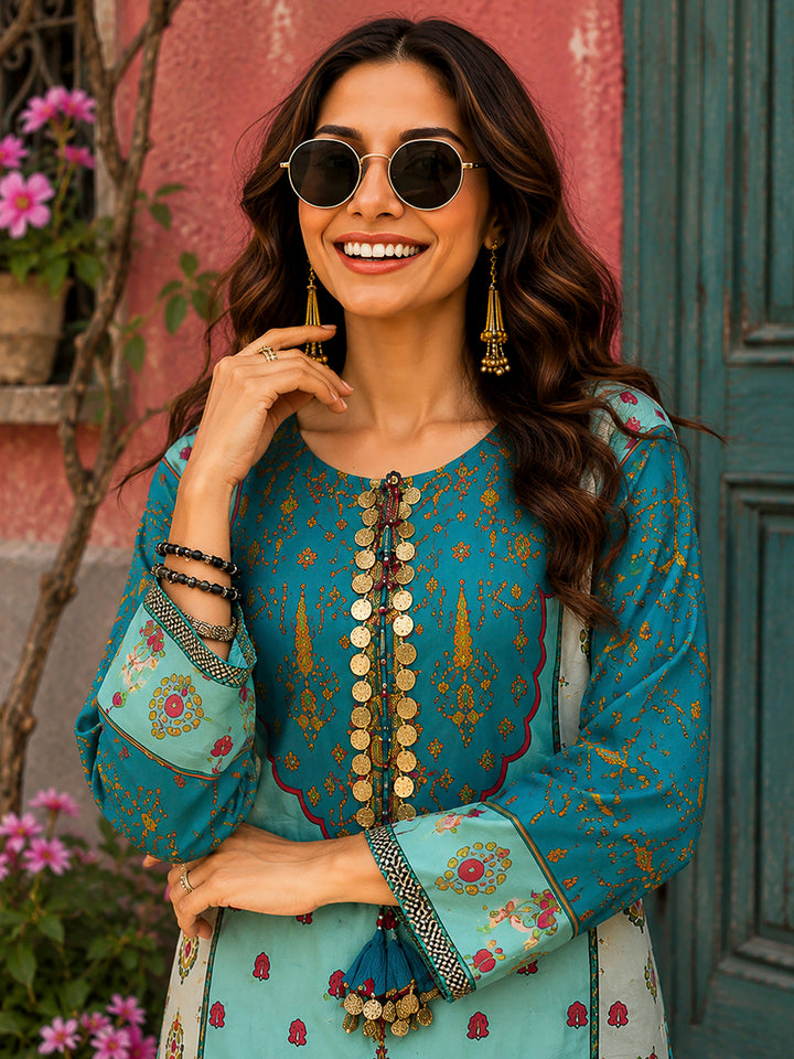 Sea Green Embroidered Muslin Kurta With Pant &amp; Dupatta