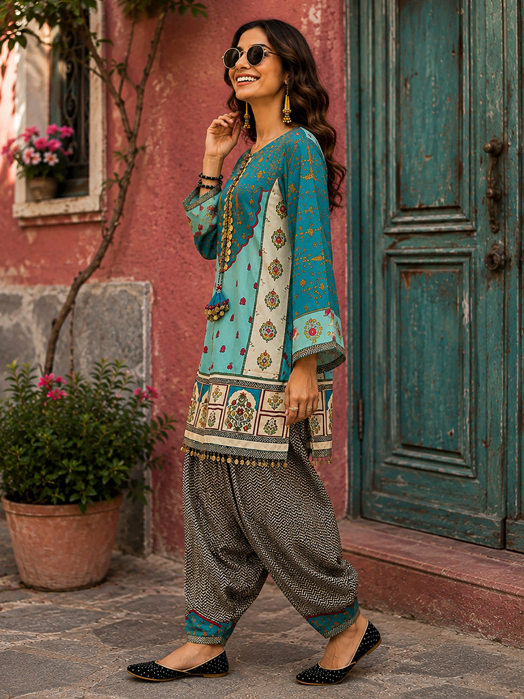 Sea Green Embroidered Muslin Kurta With Pant &amp; Dupatta