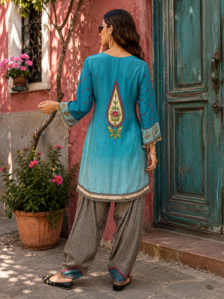 Sea Green Embroidered Muslin Kurta With Pant &amp; Dupatta