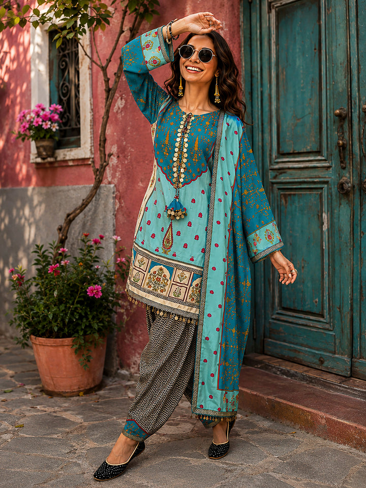 Sea Green Embroidered Muslin Kurta With Pant &amp; Dupatta
