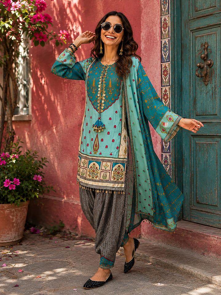 Sea Green Embroidered Muslin Kurta With Pant &amp; Dupatta