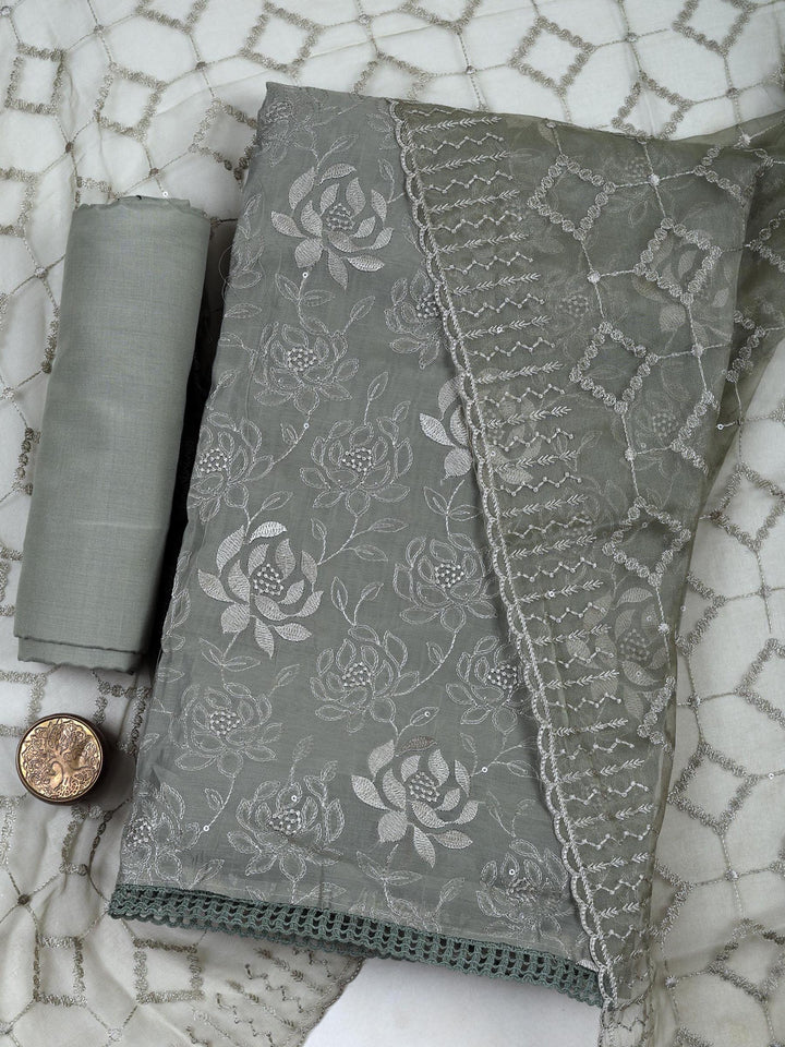 Grey Chanderi Embroidered Unstitched Dress Material