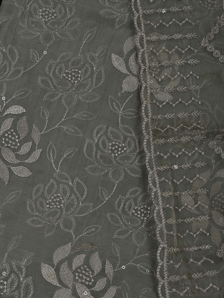 Grey Chanderi Embroidered Unstitched Dress Material