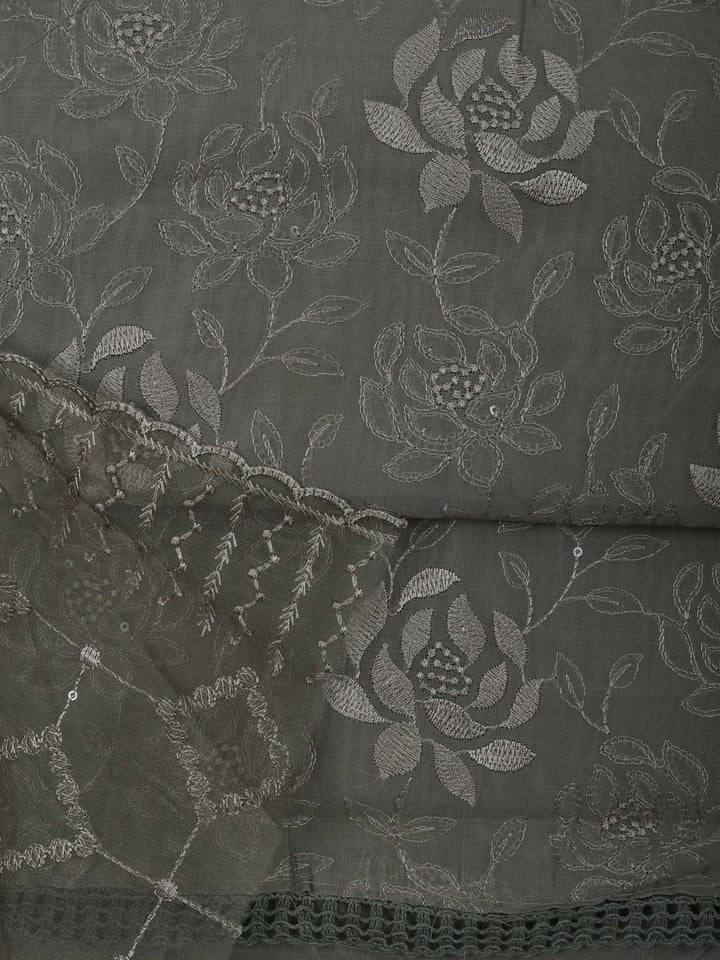 Grey Chanderi Embroidered Unstitched Dress Material