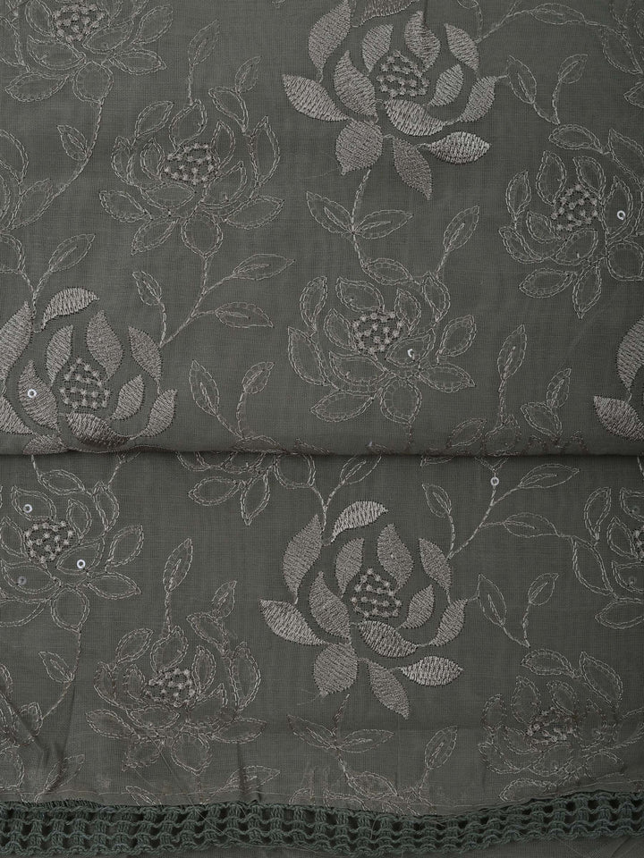 Grey Chanderi Embroidered Unstitched Dress Material