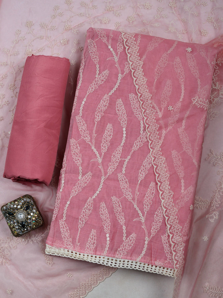 Pink Chanderi Embroidered Unstitched Dress Material