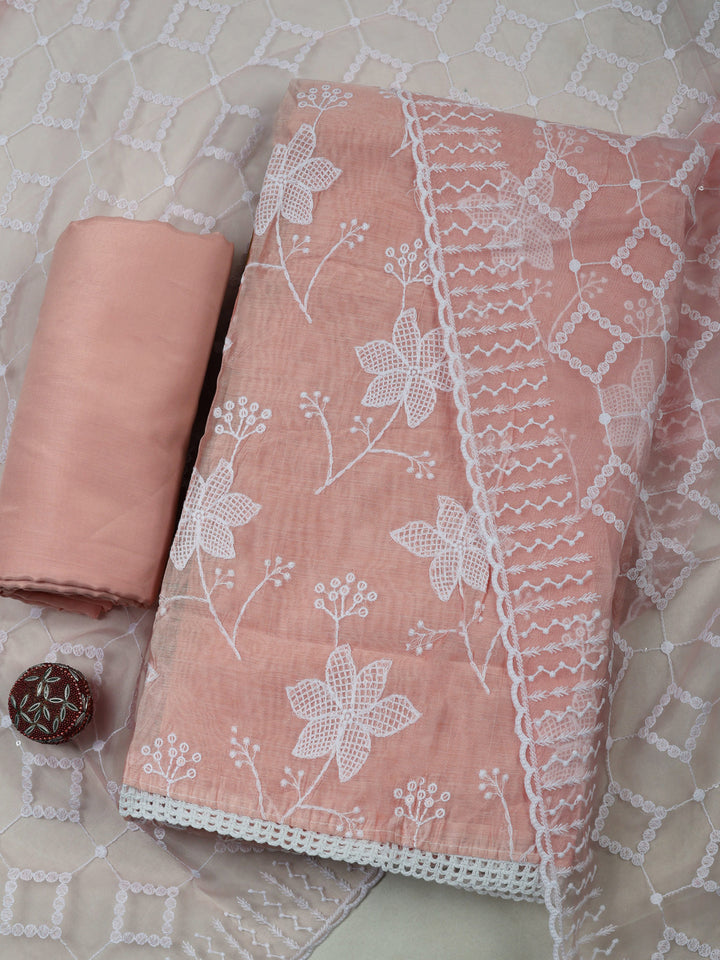Peach Chanderi Embroidered Unstitched Dress Material