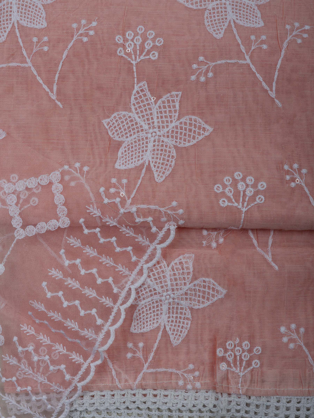 Peach Chanderi Embroidered Unstitched Dress Material