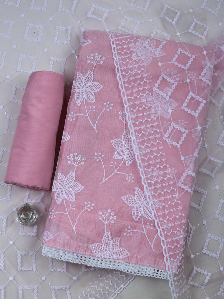 Pink Chanderi Embroidered Unstitched Dress Material