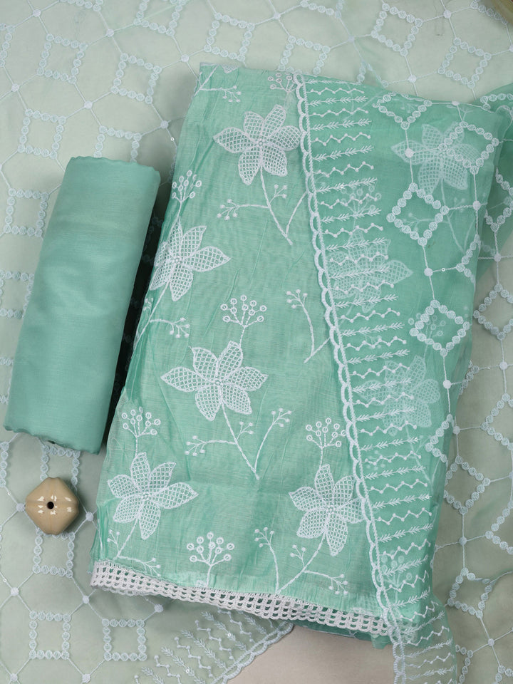 Sea Green Chanderi Embroidered Unstitched Dress Material