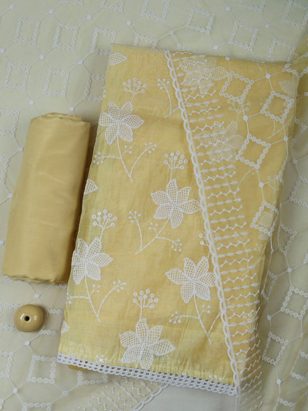 Yellow Chanderi Embroidered Unstitched Dress Material