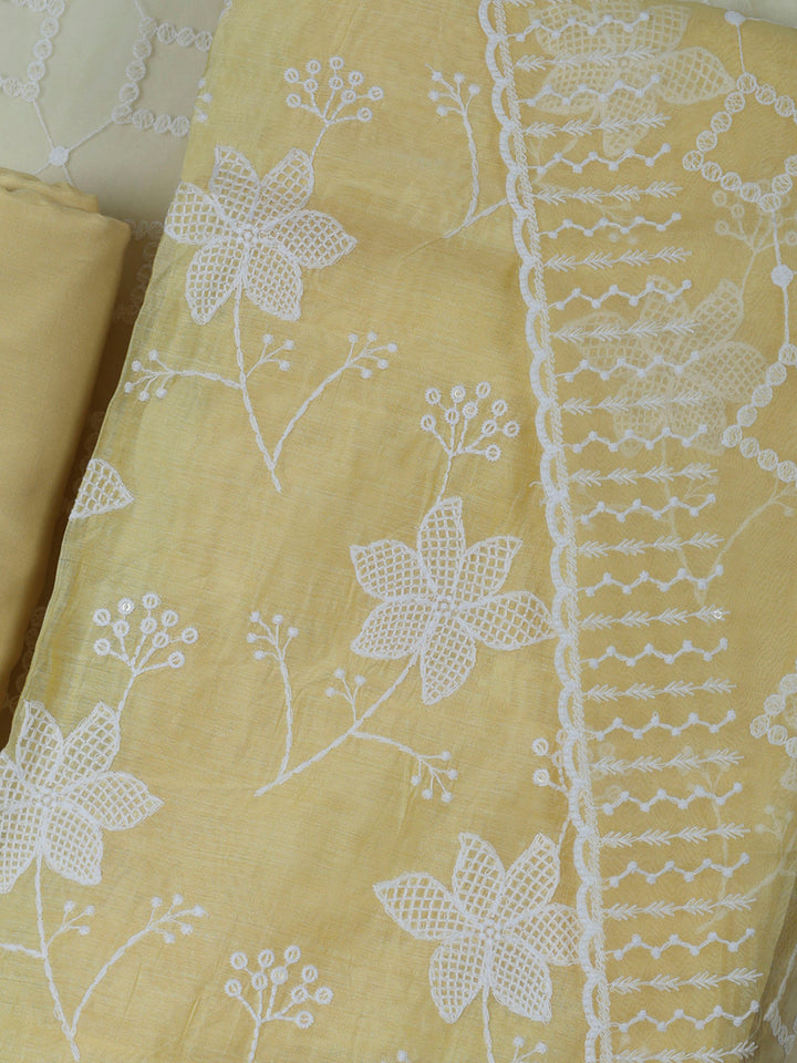 Yellow Chanderi Embroidered Unstitched Dress Material