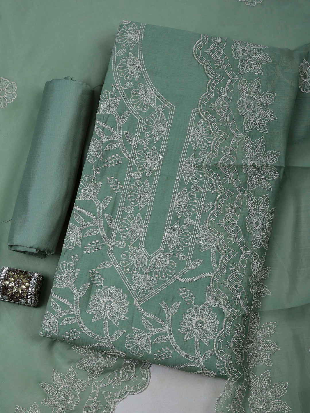 Aqua Chanderi Embroidered Unstitched Dress Material