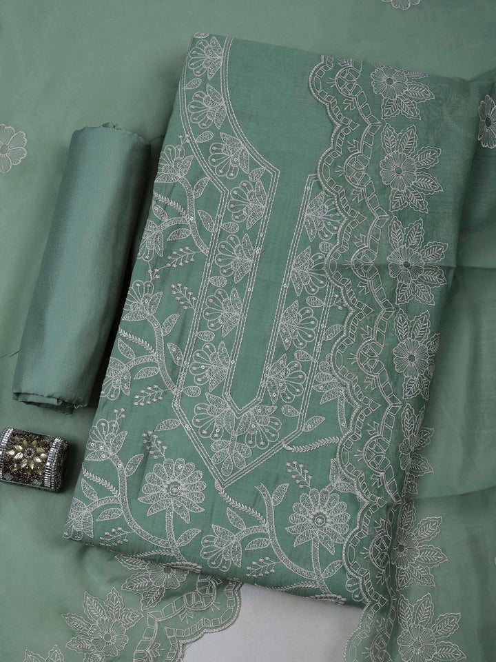 Aqua Chanderi Embroidered Unstitched Dress Material