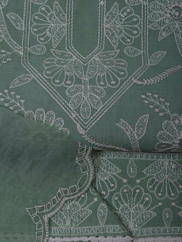Aqua Chanderi Embroidered Unstitched Dress Material