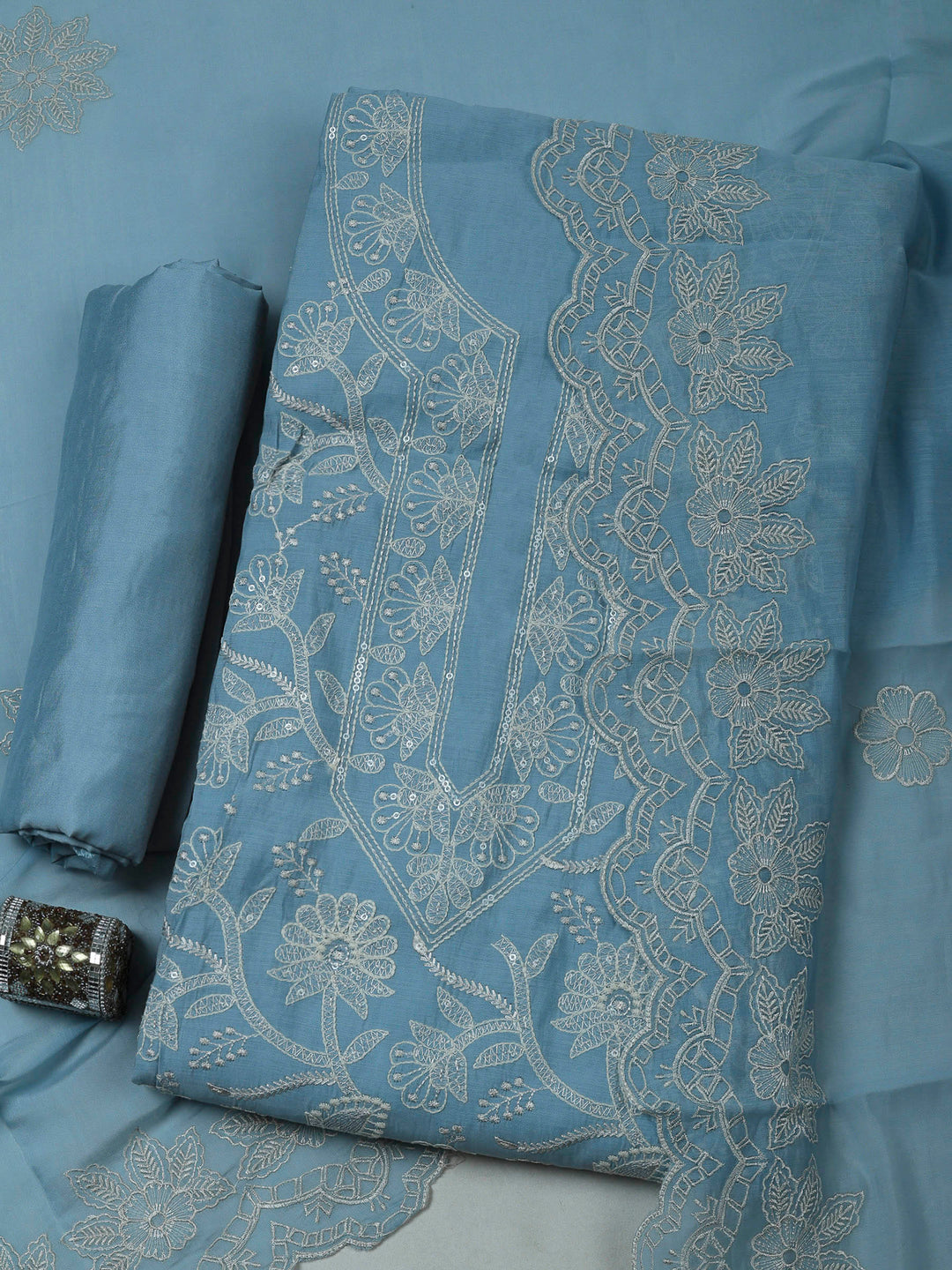 Grey Blue Chanderi Embroidered Unstitched Dress Material