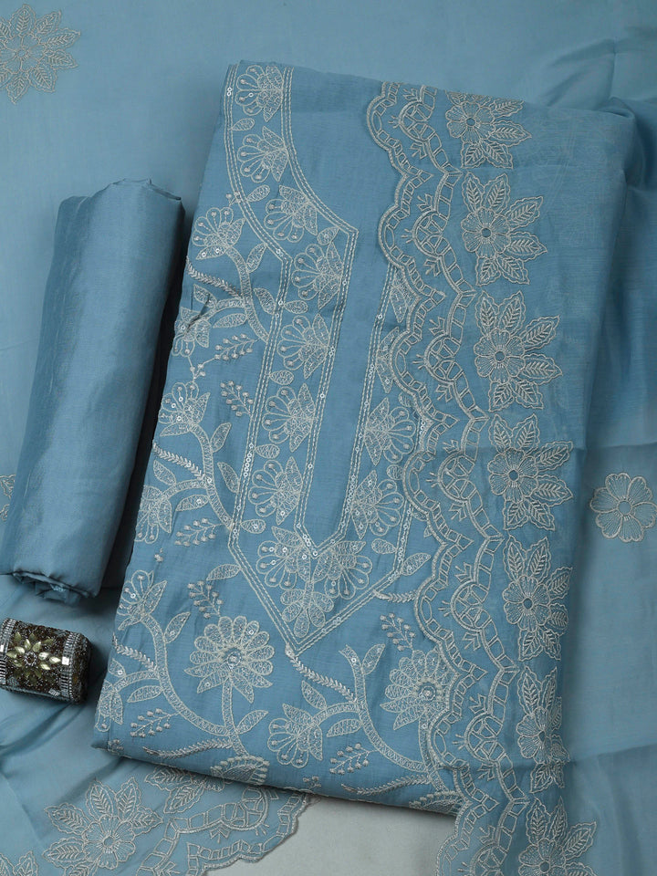 Grey Blue Chanderi Embroidered Unstitched Dress Material