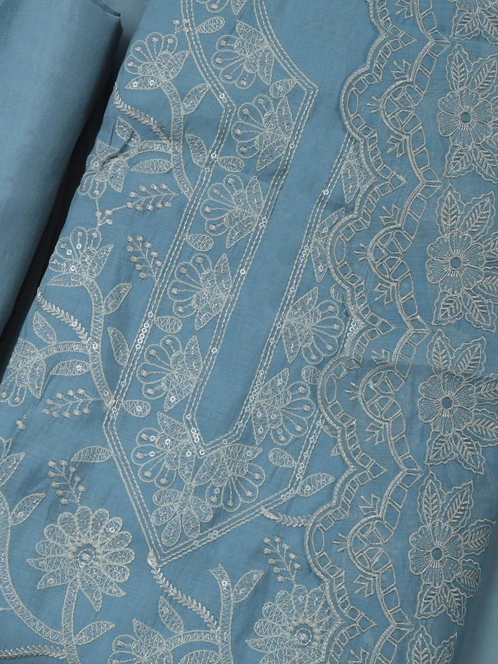 Grey Blue Chanderi Embroidered Unstitched Dress Material