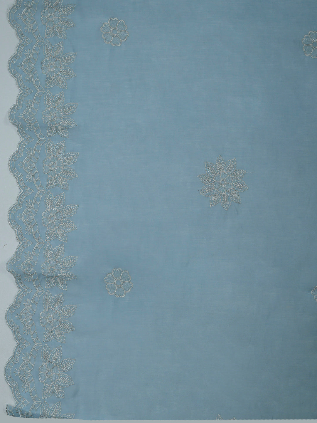Grey Blue Chanderi Embroidered Unstitched Dress Material