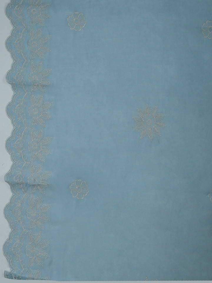 Grey Blue Chanderi Embroidered Unstitched Dress Material