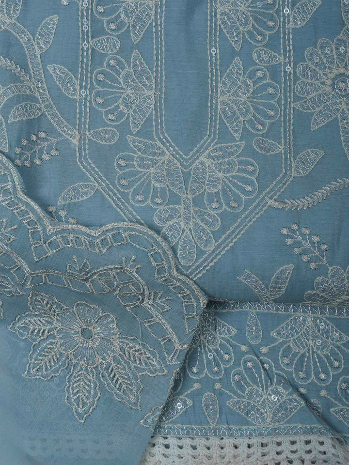 Grey Blue Chanderi Embroidered Unstitched Dress Material