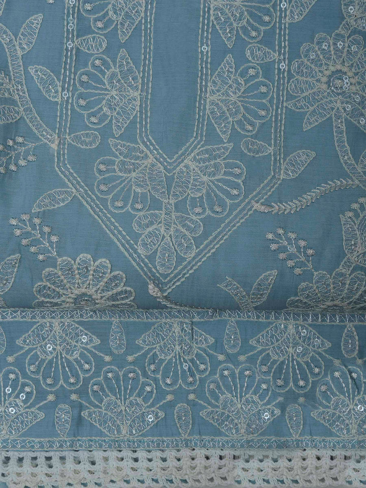 Grey Blue Chanderi Embroidered Unstitched Dress Material