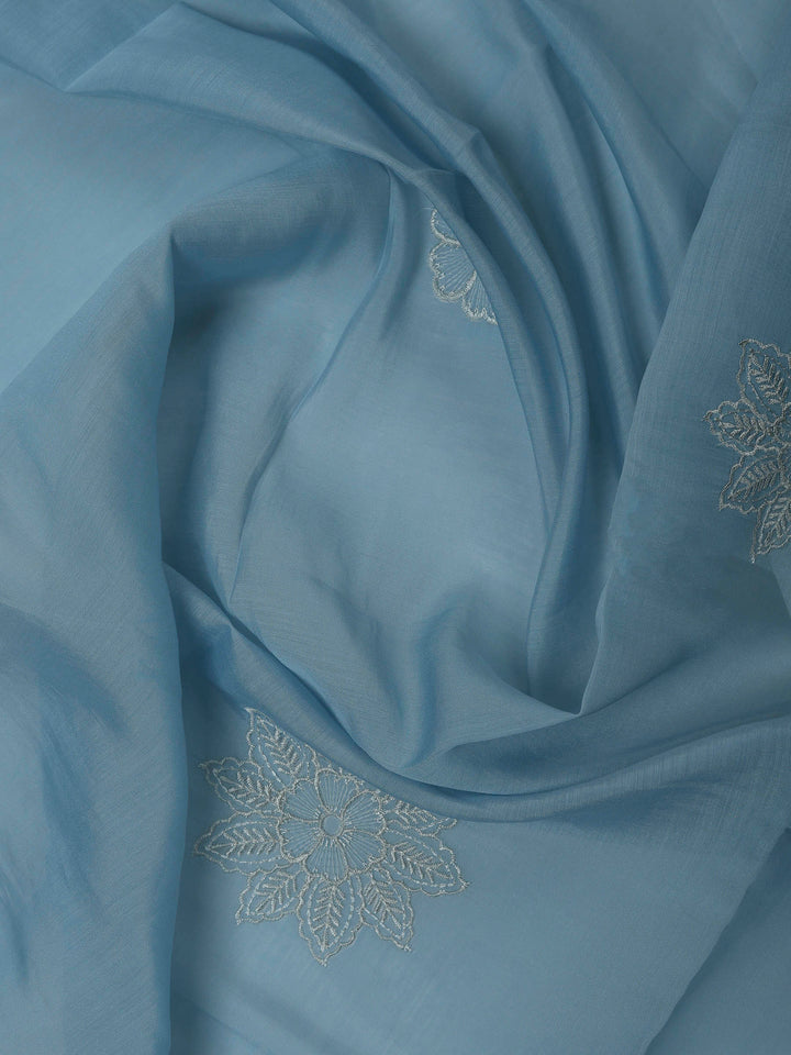 Grey Blue Chanderi Embroidered Unstitched Dress Material