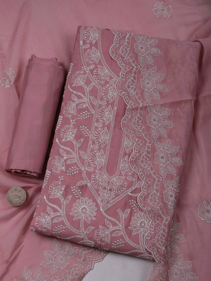 Pink Chanderi Embroidered Unstitched Dress Material