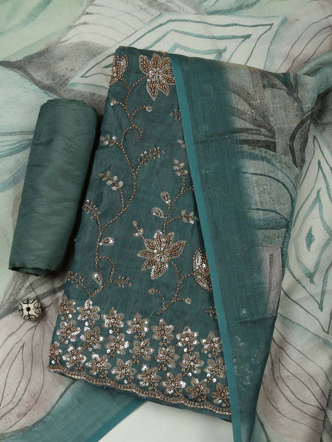 Green Tissue Embroidered Unstitched Dress Material
