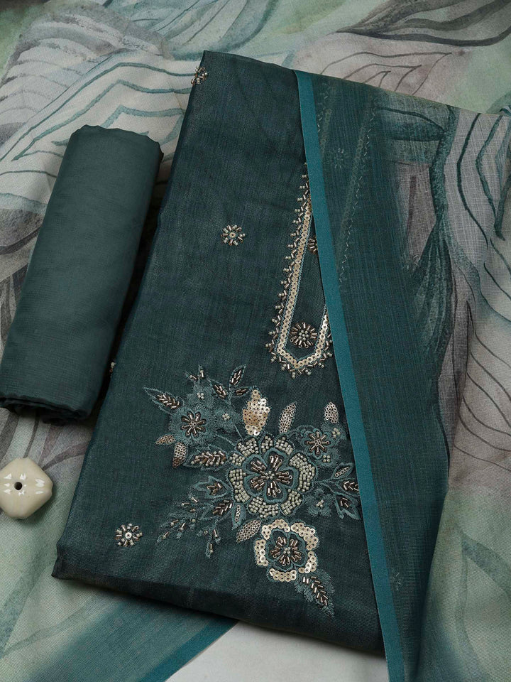 Green Tissue Embroidered Unstitched Dress Material